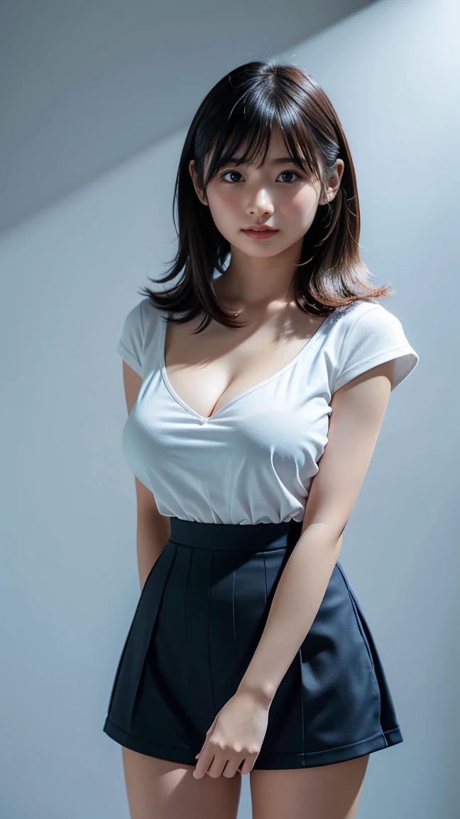 top-quality, masterpiece, hight resolution, 1womanl, 50 years old、A MILF、(Wrinkled:1.5)、beautiful and flawless face, Bob Layer Cut, Fashionable, skirt by the、intricate-detail, Cinematic feel, 8K、 ighly detailed、Stand on top of a building's fire escape、Angle from the bottom of the stairs、(Flip the skirt:1.6)、Beautiful expression、Full body shot、Panchira、Elegant face、(Small breasts:1.6)、
