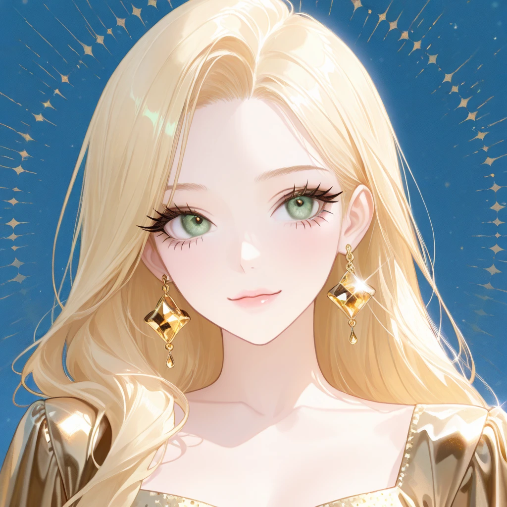 1girl,blonde Woman, long hair, Perfect detail on the face, perfect attention to detail, (green Eyes), Charming, Beauty, long lashes, masterpiece, absurd, Best Quality , complicated details, Transparency, wearing an elegant parity dress modern and chic the color of the dress is  Blue & Gold duet, with elegant golden accessories flattering her look as she smiles.