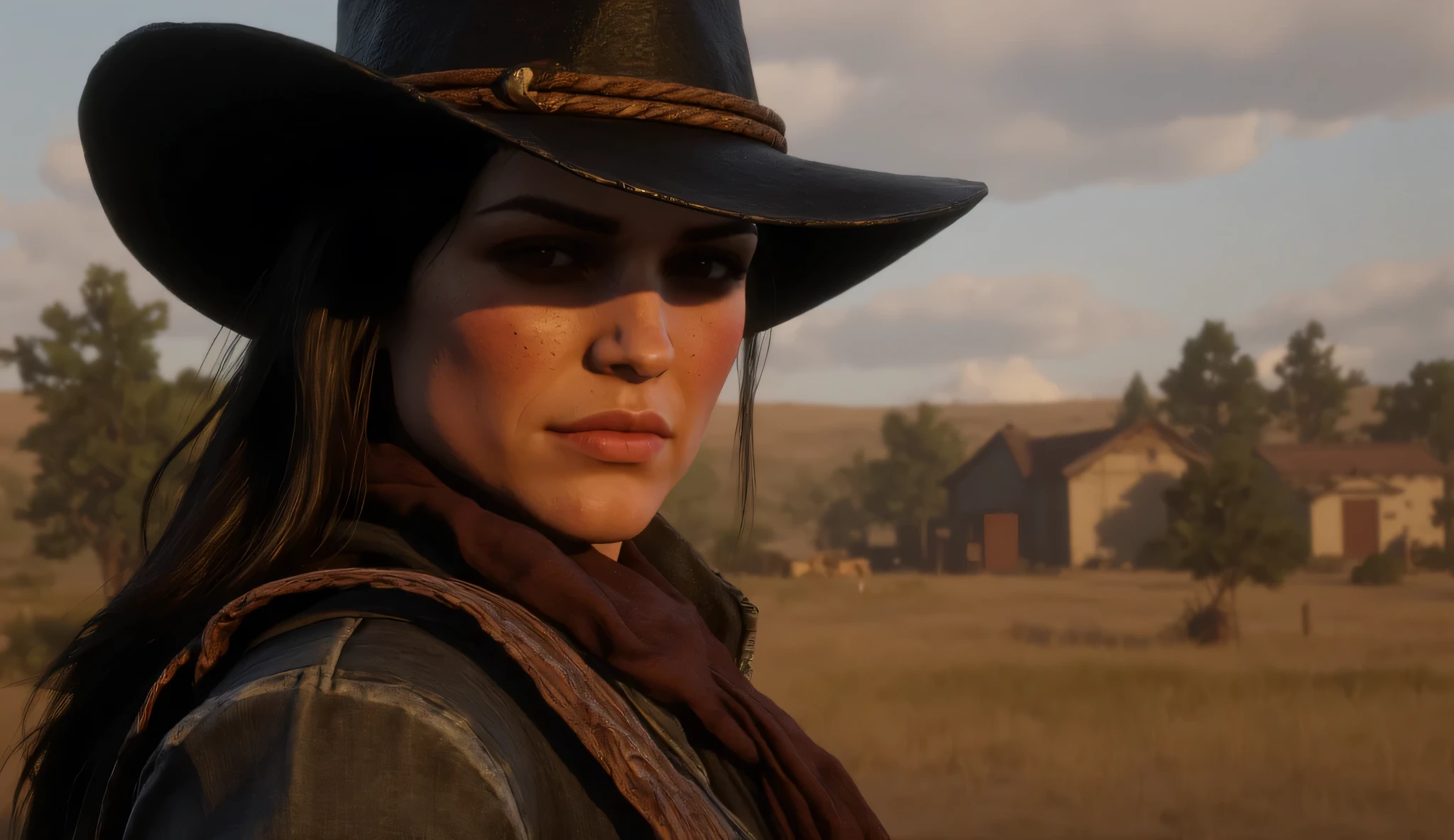 R3DD34Dstyle, digital portrait, 1girl, red dead redemption2, patronaje, [ red dead ], rdr2, red background 
