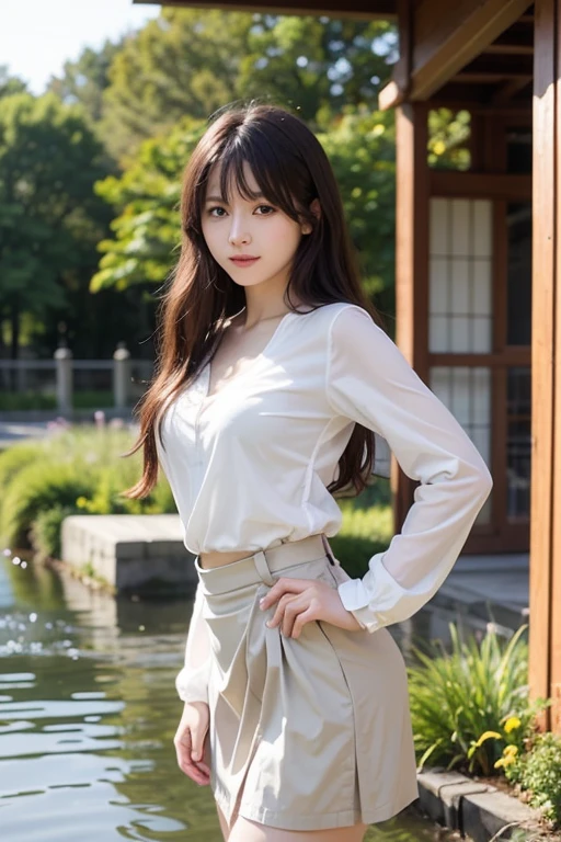 (Highest quality, 8K, Tabletop, Ultra HD: 1.3), One Girl, Medium chest ,Light brown hair, Blunt bangs, Hair behind the ear, Hair that falls over the shoulders, Long Hair, Slim figure, Ultra Fine Face, Delicate lips, Beautiful Eyes, double eyelid, lipstick, Light blush ,eyes are light brown ,Perfect glowing skin,Perfect Skin White skin ,Shining Sweat,Have a look at this, Ultra-thin needle, Very thin fingers, The optimal ratio is four fingers to one thumb, (Realistic:1.3),Finger extension, Sheer white shirt, White see-through tight skirt , Slim and beautiful legs ,White choker,Low heels. bamboo forest