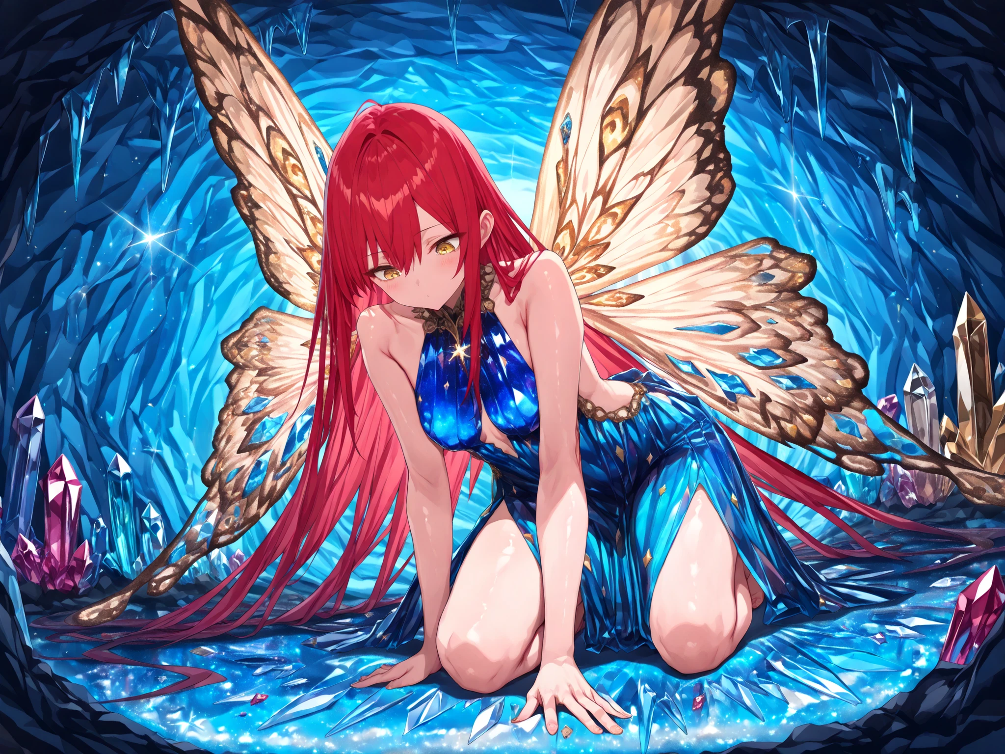 1 woman, golden eyes, very long hair, long side stripes, (red hair), (medium breasts: 0 . 8), petite, very cute, beautiful, confident, kneeling, one knee, looking down, fairy, fairy wings, crystal wings, sparkling, light particles, gorgeous, in the colors blue and gold, crystal dress, dramatic light, transparent, shimmering, in a cave, crystal cave, (masterpiece, best quality:1.3), amazing quality, very aesthetic, absurdres, highres, newest, HDR, 8K,