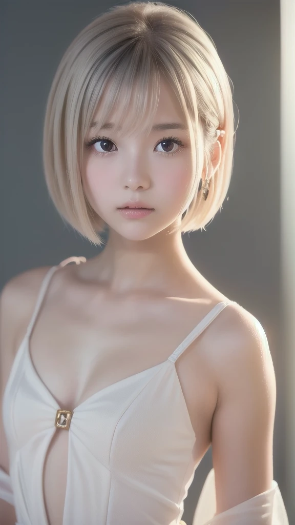 best quality, ultra high res, photorealistic, sfw,
1girl, looking at viewer, upper body, slender, small breasts, silver hair, white croptop,
grey background,