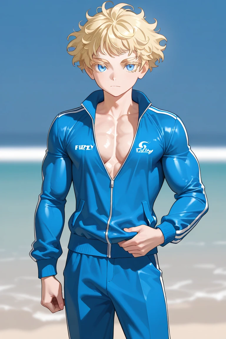 Cartoon image of a man in a swimsuit with a big smile, short blonde boy, Golden eyed boy, Wearing a swimsuit, clothing:High cut swimsuit, solo, Wear a swimsuit, Cool anime boy in black and yellow tanksuit, Black and yellow high leg racing swimsuit, Full Body:: Sunny weather::, One piece swimsuit, Swimsuit, Wet swimsuit, High legレーシングスイムウェア, sunny day, High leg, Ecchi anime style, Bare shoulders, Bare legs, Toned body, Perfect body, Tall Boy,