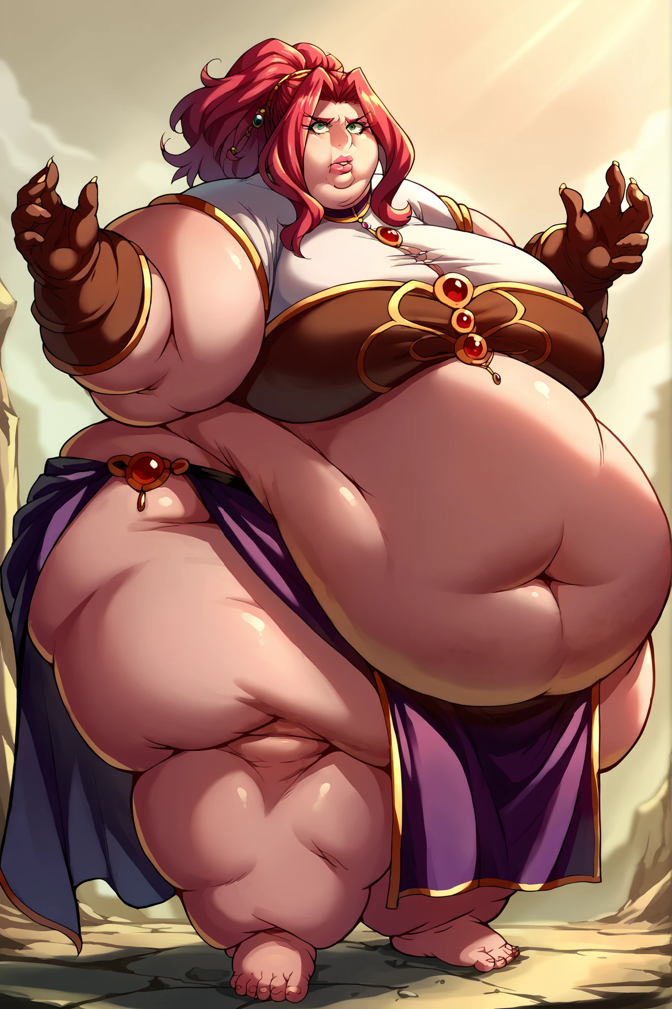 art by kipteitei, Best quality, 8k, high resolution, long hair, straight hair, pink hair, beautiful face, masterpiece, full resolution, 1 girl, huge stuffed belly, medieval knight, full body covered by gold armour, large_breasts, wide_hips, big_butt, thick_thighs, tanned skin