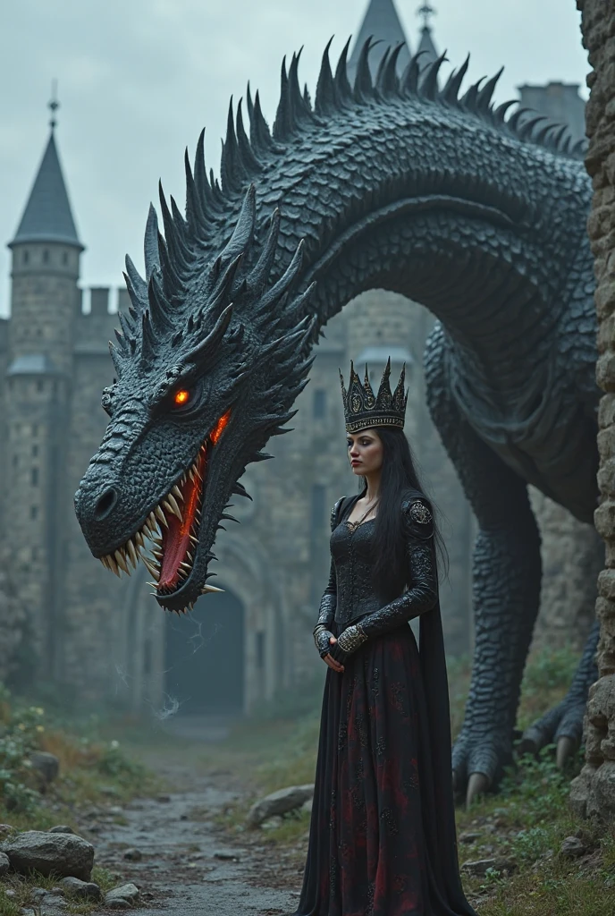 An extremely large and powerful black dragon and below it a beautiful girl in a black dress