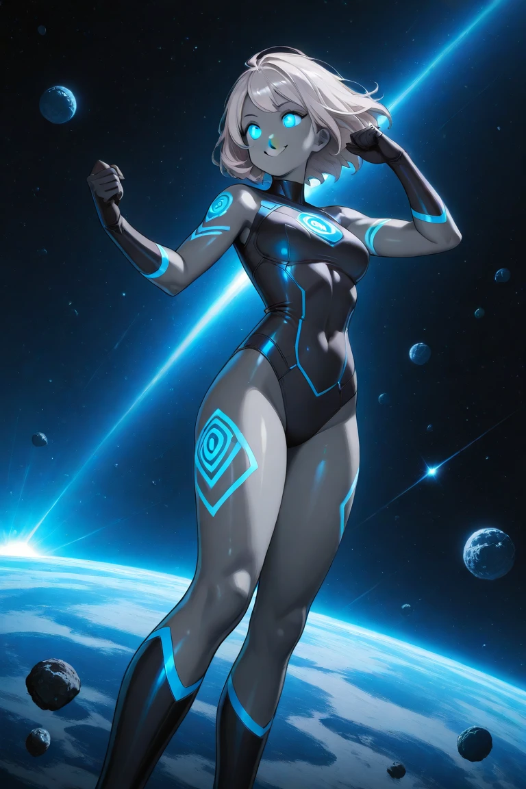 1girl, beautiful detailed eyes, superhero, mature woman, leotard, bare legs, boots, gloves, atoms, glowing body, light surrounding her body, light particles, space backdrop, standing, hand on hip, perfect anatomy, cowboy shot, full body shot, superpower.