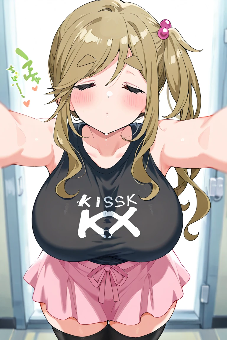 ((masutepiece, Best Quality, hight resolution, nffsw, Perfect Pixel, depth of fields, 4K, )), 1girl in, Solo, , Beautiful anime girl, Beautiful Art Style, close up, Looking at Viewer, Perfect body, side shot, Yuigahama Yui, Short hair, pink hair, pink eyes, hairbun, (large boob), sitting, black playboy bunny outfit, smile, hands on knees, blank white background