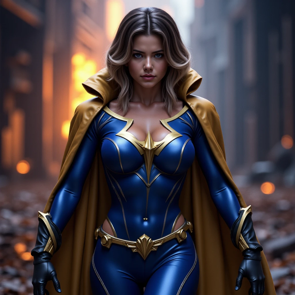 movie scene, dark, mid-length close-up [Charlize Theron], blonde hair, short hair, hair, bangs, movie scene, cold, ice, big ice crystals, cowboy shot, action, strong, beautiful, super girl DC comics, blue black swimsuit, gold, cyberpunk, skirt, red and gold cloak, energy, action, impactful