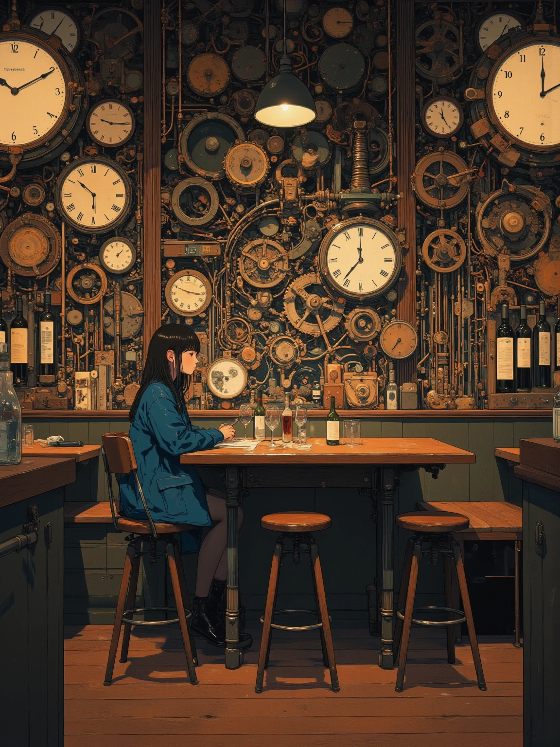 The image is a unique steampunk-themed restaurant scene with large cogs and clockwork machines adorning the entire restaurant,A female customer is sitting at a wooden table, Industrial-chic setting,Wines and drinks,dim, Ambient lighting enhances the atmosphere, highlighting the intricate mechanical details and numerous clock faces that adorn the space,gears and clocks of all sizes,In a creatively designed environment,Lively,An intimate dining experience, masterpiece,very real ,  Virgil Finley's style,asymmetrical background,full color , anatomically accurate, exquisite , vintage clock and gear on the background wall,casual restaurant setting, The focus is a woman in a blue shirt and jacket sitting in the center,sitting at the center table,lively yet relaxed atmosphere,is an enclosed space rather than open