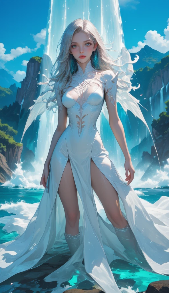 Realistic, full-body portrait of a young woman, 20 years old. standard body shape, realistic perfect body composition, milky beige hair blowing in the wind, wet body, waterfall scene. Beautiful realistic perfect green eyes, charming smile, white, even teeth, make up the perfect eye shape overall. fair skin, good looking, tattoo art, sexy sexy liquid acrylic 5cm outfit, warm dreamy light, volumetric light, adventure style pulp, dynamic gradient, true color, illustration graphics, highly detailed vector curves, simple, smooth and clean, vector art, smooth, character design, cinema, surrealism, posters, masterpiece collection, sunset, wet pigment. High image quality, meticulous detail, perfect realistic work --auto
