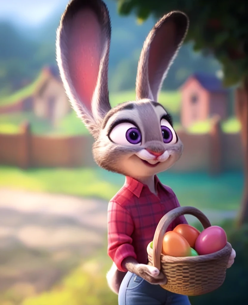 Rabbit girl, furry, large purple eyes, judy grey fur all over her body. slim furry figure. She is carrying a basket of colorful eggs through a field. The field has wheat growin, trees, and a stone house. Judy wears jeans and a flannel. Happy expression