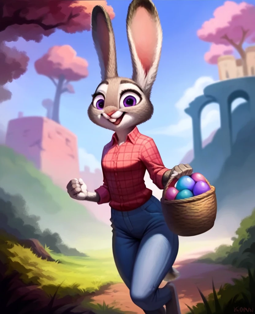 Rabbit girl, furry, large purple eyes, judy grey fur all over her body. slim furry figure. She is carrying a basket of colorful eggs through a field. The field has wheat growin, trees, and a stone house. Judy wears jeans and a flannel. Happy expression