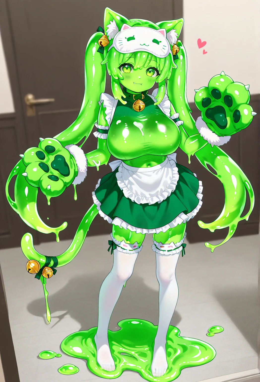 ((Highest quality)), ((masterpiece)), (detailed), (Perfect Face)、The female frog monster is Yukikaze Mizuki, a frog woman with medium-long brown hair and green skin.、The woman is naked and has the body of a frog, a frog girl, with webbed hands and feet, a frog-like posture, a frog-like body surface, and a frog-like tongue, the length of which is also1A total frog girl with a meter-long tongue, clinging to a giant frog、The female is by the water in the forest mating with a giant male frog.