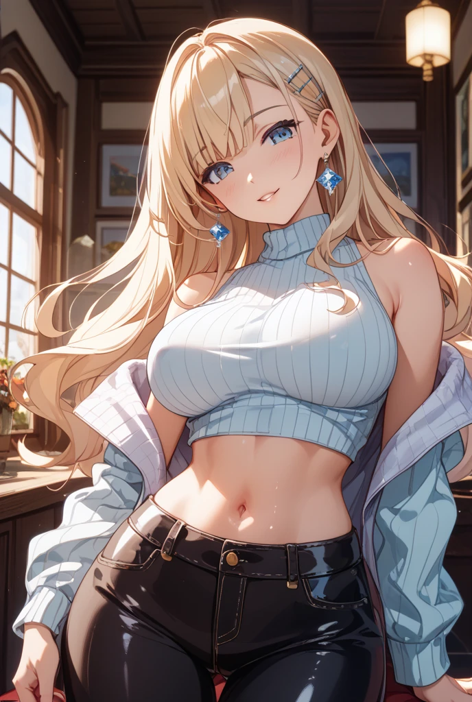 (blonde:1.3),(Curly hair with a lot of fluff:1.4),(braided hair:1.3),(With bangs),(pink eyes:1.25),Slight red tide,(Beautiful breasts spilling out of clothes:1.3),(The eyes are shining brightly:1.2),(eye size:1.7),(Commemorative photo style:1.3),(Looking at camera with a smile:1.25),(soft sunlight:1.3),(A soft atmosphere in the sky:1.25),(hair blowing in the wind:1.3),(soft smile:1.3),(cute pose:1.4),(striped long sleeve clothes:1.35),(clothes with lace:1.3),(Volume shorts made of denim material:1.35),(close up of face:1.4),(white, light blue and yellow green),