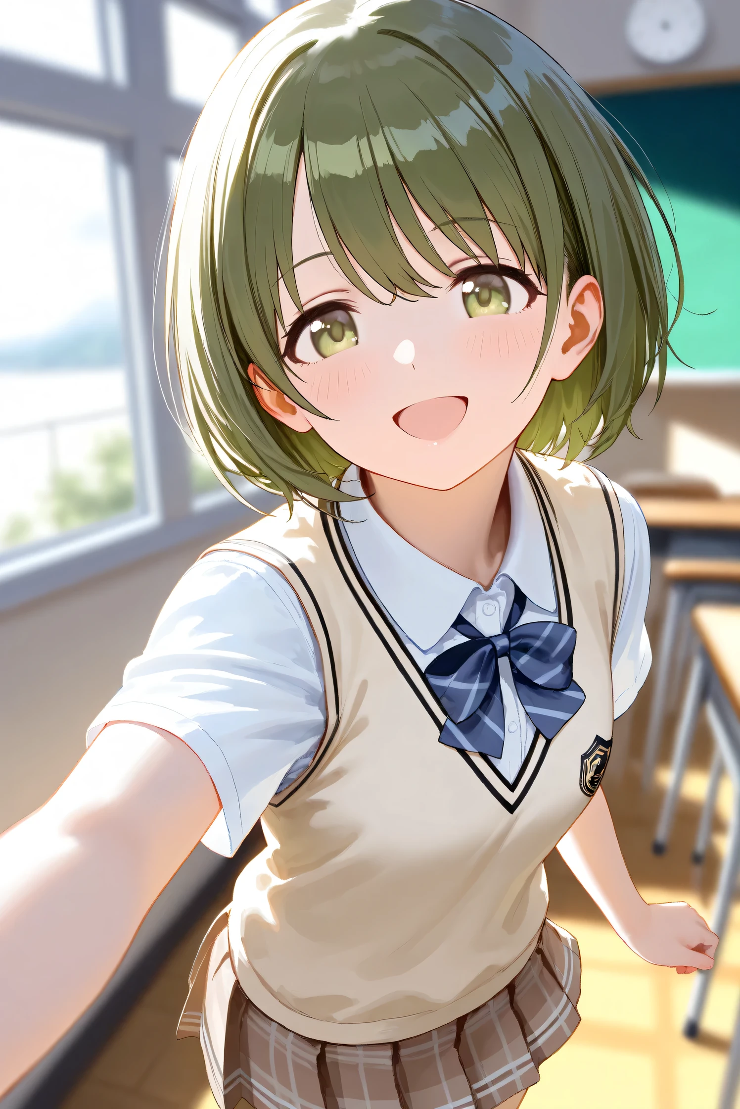 (Masterpiece), (Highest quality), (Very detailed),
(The best shape), (Best Shadow), (Absurd),
(Detailed background), (So beautiful), Shiny ,
Extraordinary, Countershading, 8k, 32K, High resolution, Beautiful eyes in every detail,
Very Detailed CG, UHD,
Score_9, Score_8_up, Score_7_up, Source_anime,
(Pastel painting:1.2), (Watercolor painting:1.2),
(Masterpiece, Detailed:1.2), (Foreshortening:1.2),
Cinematic, Dramatic, (Depth of field:1.4),
(Blurry background:1.4), (Realistic background:1.4),
(Foreshortening:1.3),Dynamic angle, 1 girl,
Japan, classroom, Window,
Nanakusa nichika,
The idolmaster shiny colors,
green eyes,
(school uniform:1.3),
Short-sleeved shirt with collar,
ribbon,
School vest, Beige vest,
miniskirt, brown skirt,
Focus on face,
(Blush:1.3), smile, happy,
Realistic skin, Shiny skin,