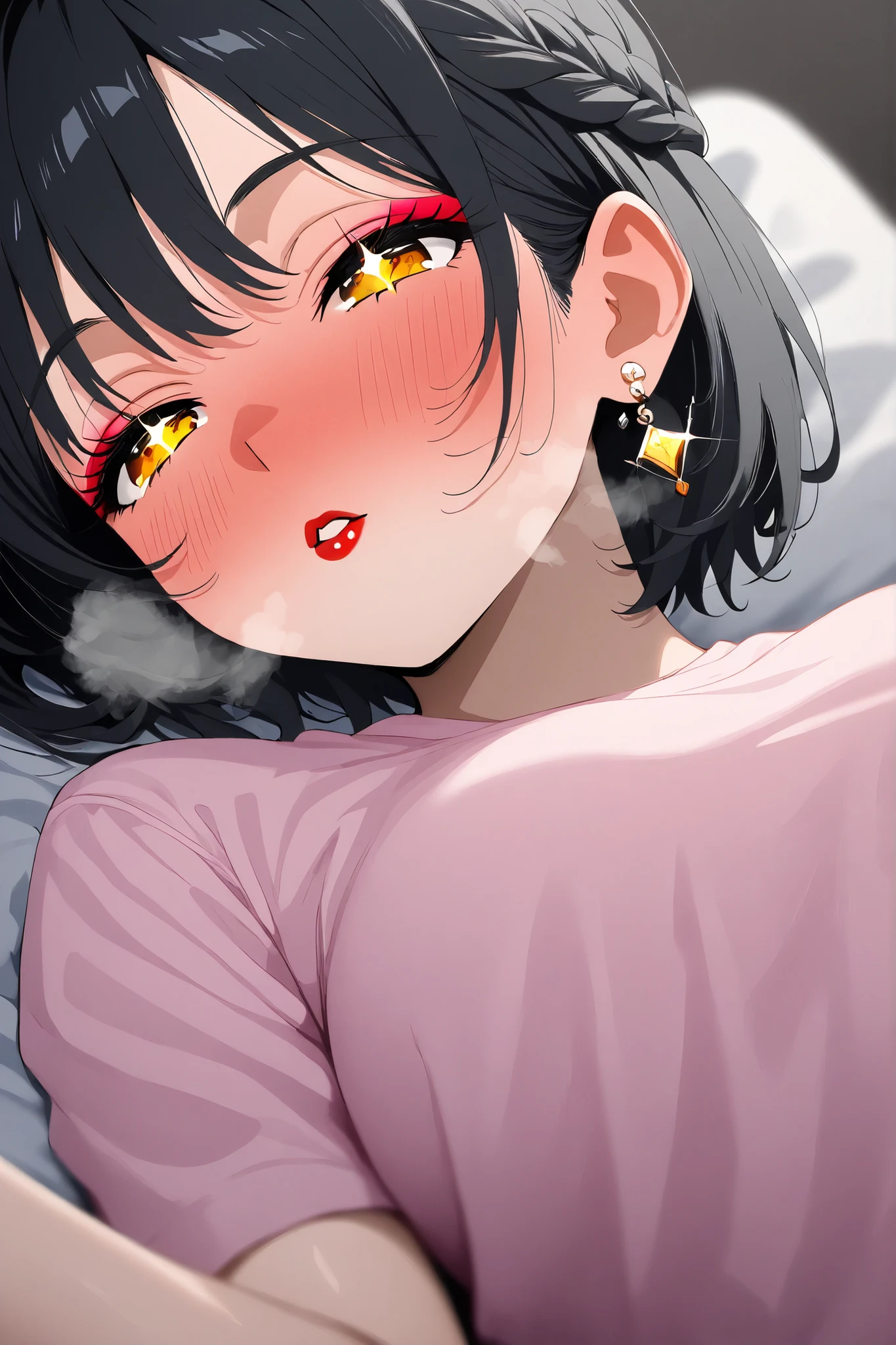 Textured Skin, Short Hair, Black Hair, Braid, Breasts, Earrings, Blush, Parted Lips, Makeup, Nose Blush, Heavy Breathing, Light Blush, Full-face Blush, Red Lips, Sparkling Eyes, Sigh, Half-Closed Eyes, Long Eyelashes, Amber Eyes, Close-Up, Depth Of Field, Pink T-Shirt, Navy Blue Shorts, Lying On Bed