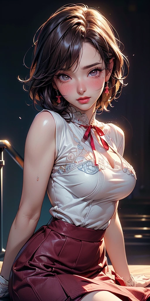(Masseter muscle area), Realistically, Photorealist, A Japanese beauty, Beautiful Face、A vivid face、Short black hair、Beautiful Hair、Lips parted, Realistic Skin、Beautiful skins、Charm、Cute pale pearl colored organza blouse、 Upper body,Detailed,Dark Background,Backlight、