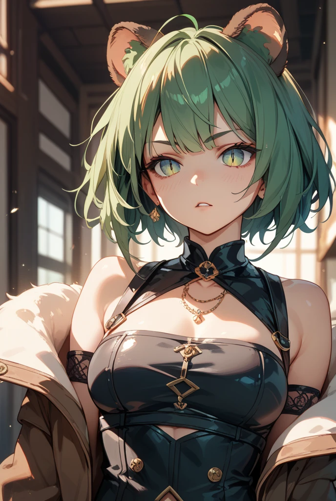 masterpiece, one woman, detailed face, Solo, Dynamic Pose, soft Smile, Cinematic Lighting, Best Quality, 8k, 32k,1 Girl, (green hair)+(bob cut hair), (Heterochromia)+(Golden eyes)+(Blue eyes), (breasts:1.6), elf ears, hair ornament, Black mage, staff on back