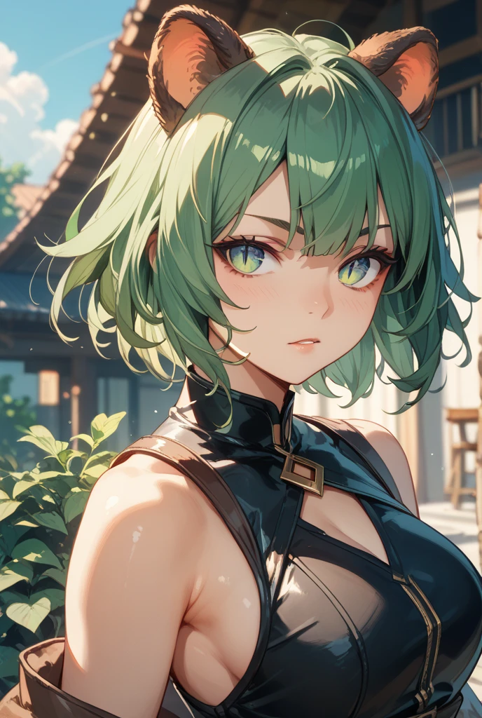 1 girl,green hair, smooth,hair between the eyes,side ponytail, purple eyes,Low Waist
, collarbone, Low Waist,Thighs look at the viewer, Half blindfolded., expressionless, smile,outdoor,
Masterpiece,best quality,