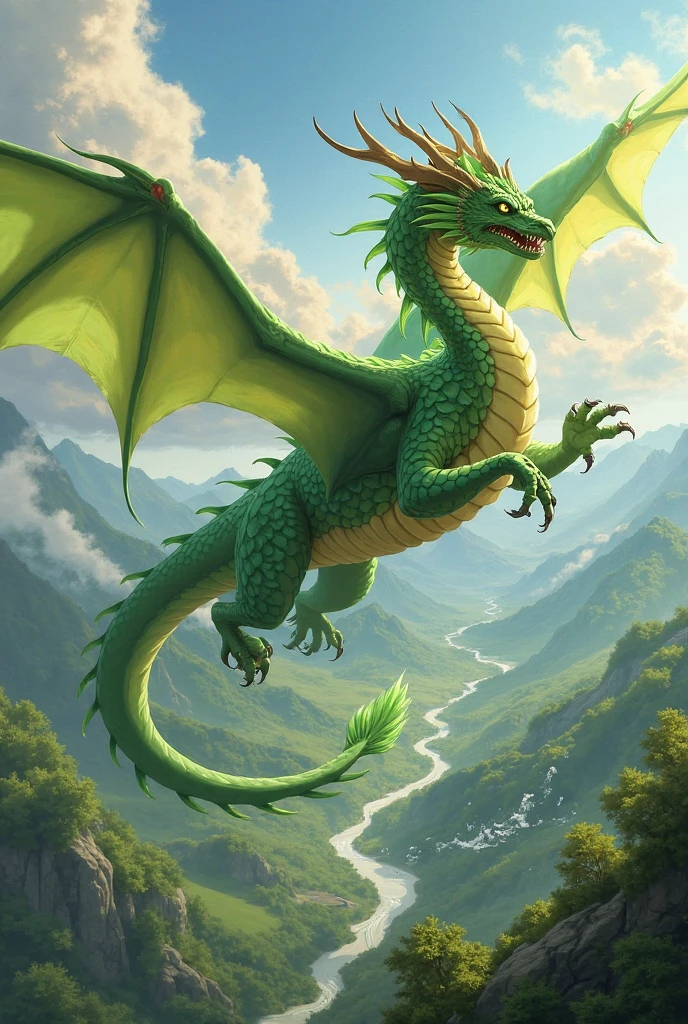Imagine a majestic dragon perched atop a rugged mountain peak, its scales shimmering in hues of emerald and gold. The dragon's wings are spread wide, catching the light of a setting sun, casting dramatic shadows across the rocky landscape. Its eyes, wise and fierce, survey the valley below, where a small village lies nestled among lush forests.