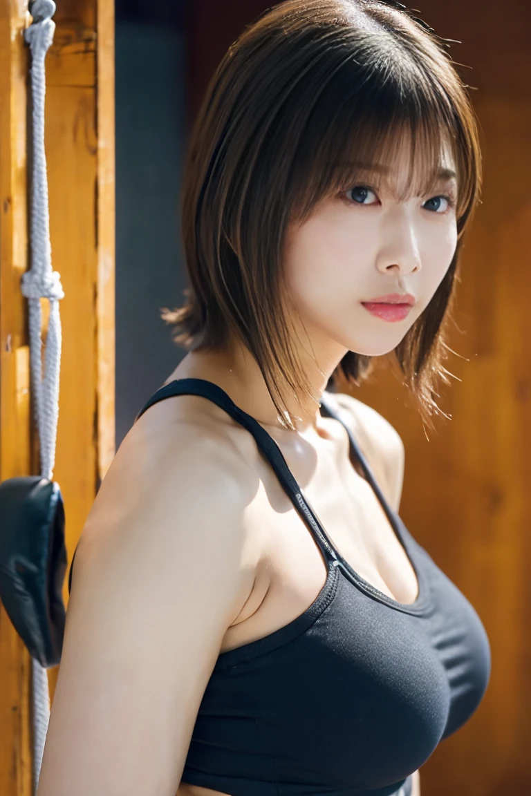 Highly detailed CG Unity 8K wallpapers,top Quority,Super detailed,tmasterpiece,realisticlying,photograph realistic,Very detailed cute girl,25 age old,musculature,Microabs,Round eyes,peeping at the viewer,Be red in the face,parted lip,Half-body shooting,
track suit , gym room,black fishnet stocking , short hair