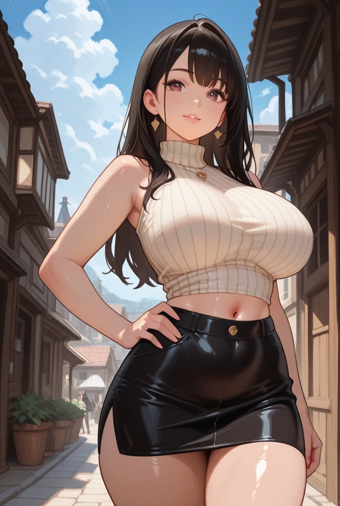 Masterpiece of the highest quality, 8K, the most beautiful farm girl in the world, smiles seductively, Hands hold up skirt, White see through panties 1,6, Big saggy breasts hanging out of a braless top, Beautiful, detailgetreuer Traumgarten, NSFW 8K