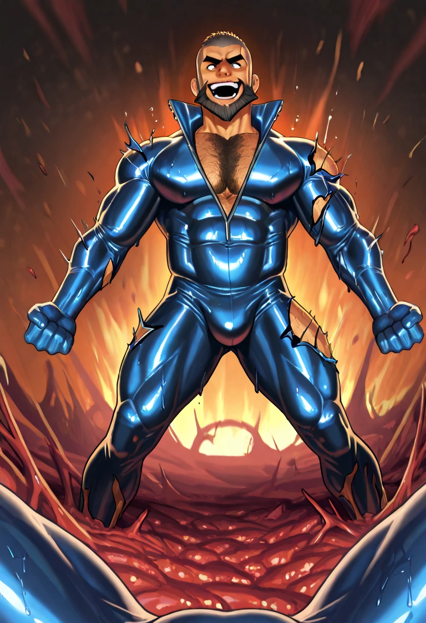 Red body,Blue hood,Slender and huge muscles,armor,Ready your spear,bulging muscles,Evil atmosphere,Huge penis
