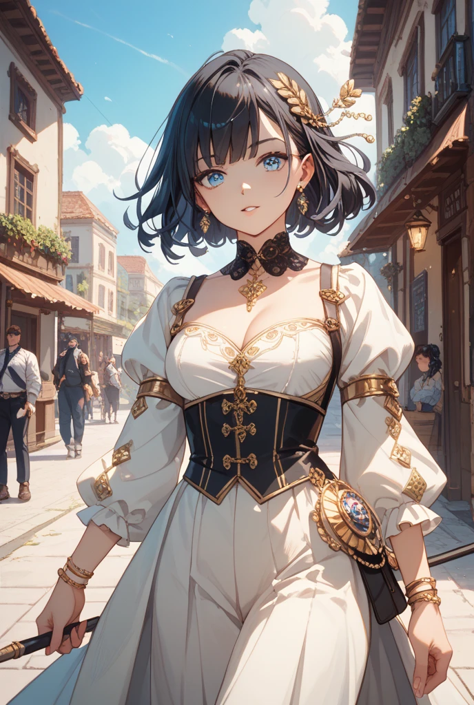 In this stunning masterpiece of CG drawing with super high detail, we are presented with a captivating scene set in an office environment. The central focus of the image is a regal and commanding figure, an excellent representation of a royal sister. With her short tan hair elegantly styled, she stands tall and dignified, donning a layered dress that exudes sophistication. Her hands are firmly crossed at her waist, showcasing her authority and determination. Facing the audience head-on, her piercing gaze reveals a hint of anger and defiance. The illustration is expertly composed, capturing a wide-angle panorama that immerses the viewer in this captivating world. Every minute detail is meticulously crafted, from the intricate patterns on the dress to the subtle shadows that add depth to