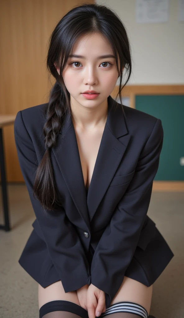 1 girl、solo、Separate lips、Office female staff、Business suit、Skyline、School classroom、Cross your hands behind your head、Looking at the audience、