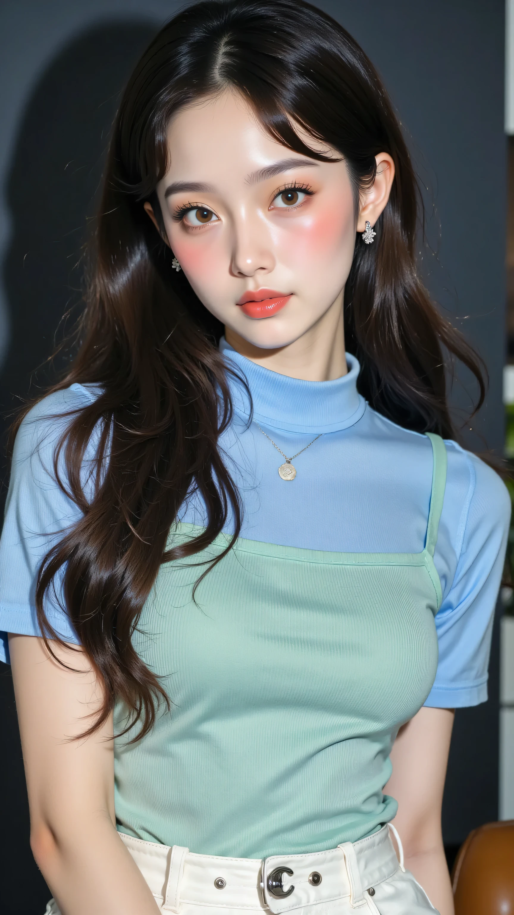 8k, Masterpiece, Top Quality, Close-up shot, woman, long wavy dark hair, pale skin, piercing eyes, neutral expression, serious expression, light blue top, mint green top, short sleeves, high neckline, white skirt, white pants, black belt, silver buckle, standing, looking at camera, soft lighting, diffused lighting, indoor, dark background, simple background.