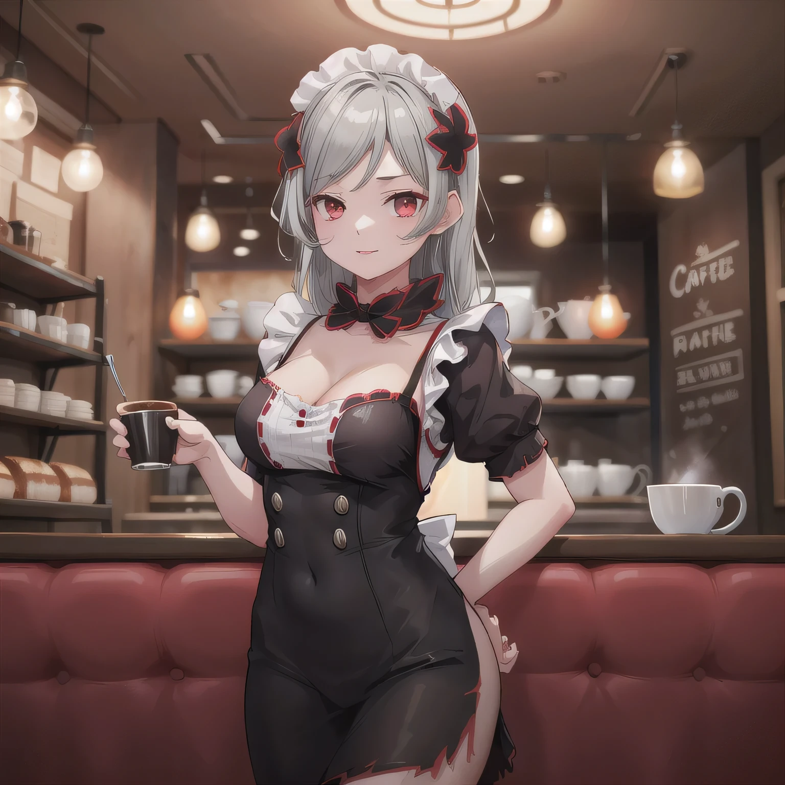 (high quality, 8k, 4K, High Contrast, masterpiece:1.2, 最high quality, Best aesthetics), , Maid, Very detailed, Seductive and erotic girl with lace headdress, smile, (Medium breast, Silver hair, short white gloves), Focus on the face, Focus on the face, Complex eyes, tights, laced tights, coffee shop, Ground angle shot, Viewers looking up, feet in tights, Open-chested clothing
