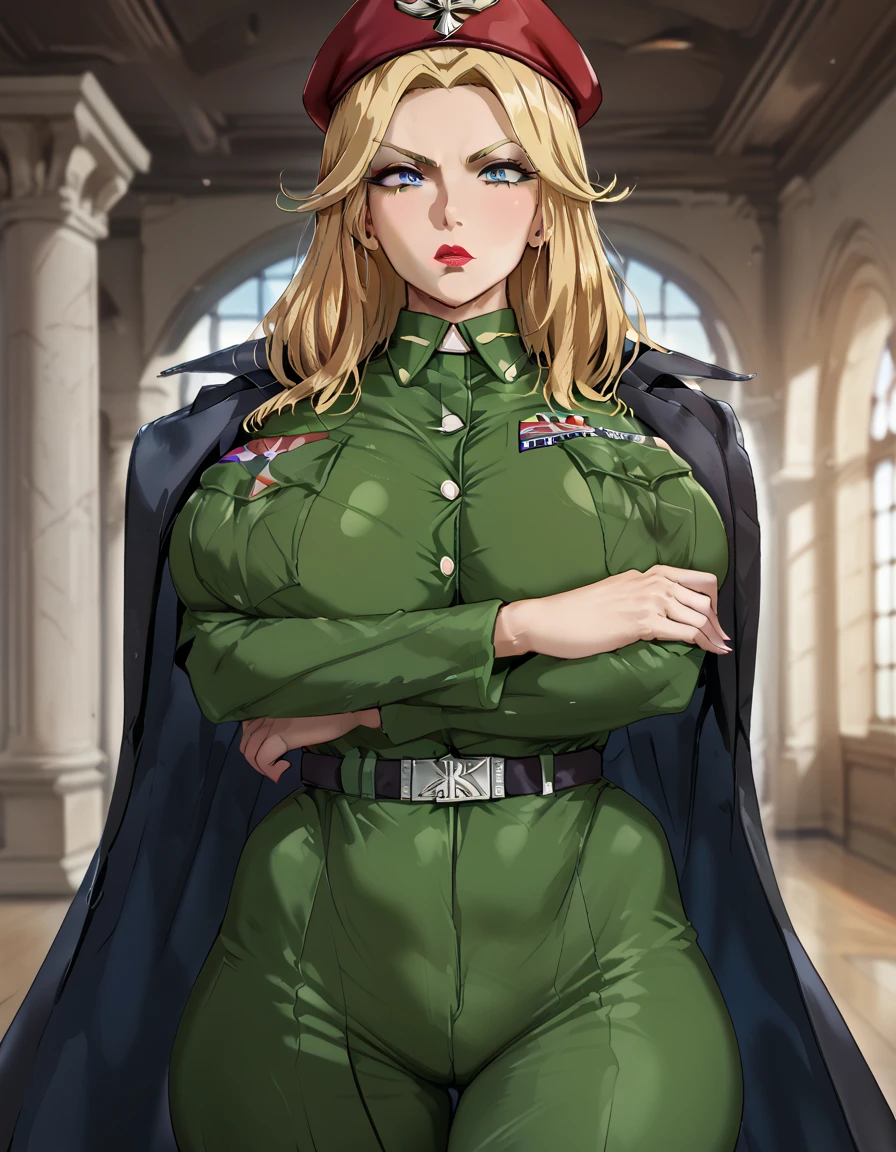 Lonely young adult girl, Tall stature, little chest, closed mouth, Slavic appearance: Green eyes; blond hair; sharp facial features; dimple on the chin; Straight nose; high nose; pronounced high cheekbones; high forehead, stands upright, (gigantic breasts:1.4), detailed face, military uniform:  double-breasted overcoat; pants, Full-length painting, leather gloves