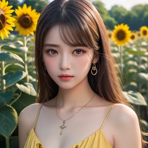 (HighestQuality, 8K,32k,masterpiece, UHD:1.2),extremely detailed CG unity 8K wallpaper,intricate details,Raw photo,(realistic:1.4),atmosphere,ultra high resolution,genuineistic,genuine,Huge_file size,incredibly absurd,(in the center:1.3),ultra illustration,(Super detailed),dramatic lighting,different colors,Depth of the bounds written,art：Krenz Kushart,golden hour lighting,Photographed with Canon EOS,SIGMA art lens 35mm F1.4,ISO200 Shutter speed 2000,blurred background,
break,
1 girl,(smile:1.3),Because I&#39;m slender,(Long straight hair with see-through bangs,:1.4),alone,20 year old Japanese beauty, (sunflower park, navy checkered shirt,:1.5),(light brown hair:1.5),((brown eyes)),largechest,chest, Soft white skin that shines in every detail,pale skin,very beautiful face,very well-shaped face,natural and realistic face,Highest,detailed and beautiful eyes,Impressive, large eyes,detailed eyes, smile, closed mouth, detailed mouth,lip details,glossy beautiful lips,glossy lips,simple earrings,necklace,jewelry, alone focus,low neckline,
break,
light from the front,cool,Are standing,sensual expression, break,
(dutch angle:1.4),looking at the viewer,
break,Tzuyu,Yui Aragaki,
