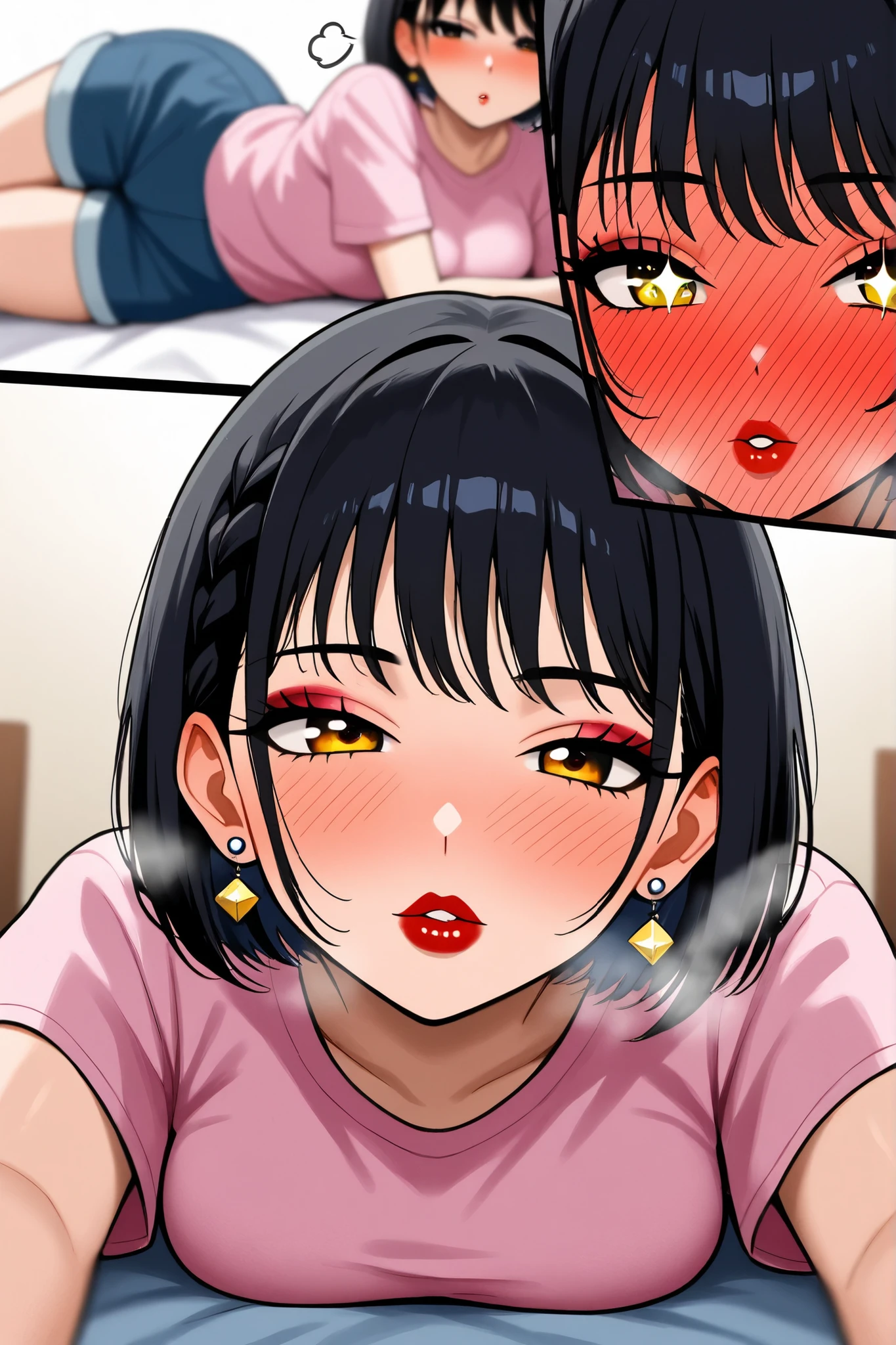 Textured Skin, Short Hair, Black Hair, Braid, Breasts, Earrings, Blush, Parted Lips, Makeup, Nose Blush, Heavy Breathing, Light Blush, Full-face Blush, Red Lips, Sparkling Eyes, Sigh, Half-Closed Eyes, Long Eyelashes, Amber Eyes, Close-Up, Depth Of Field, Pink T-Shirt, Navy Blue Shorts, Lying On Bed 