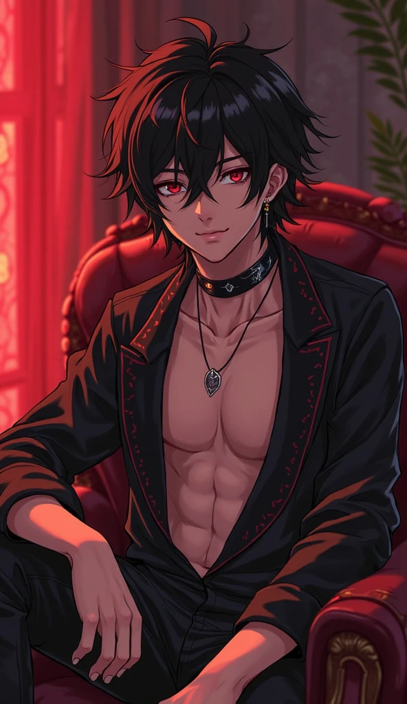  handsome boy Devil anime  wearing bad ass clothes , pajama pants, curly hair, , lighting, red light in background, window with sunlight, cozy room, sexy pose pose, realistic, intricate details, Balck and red colors