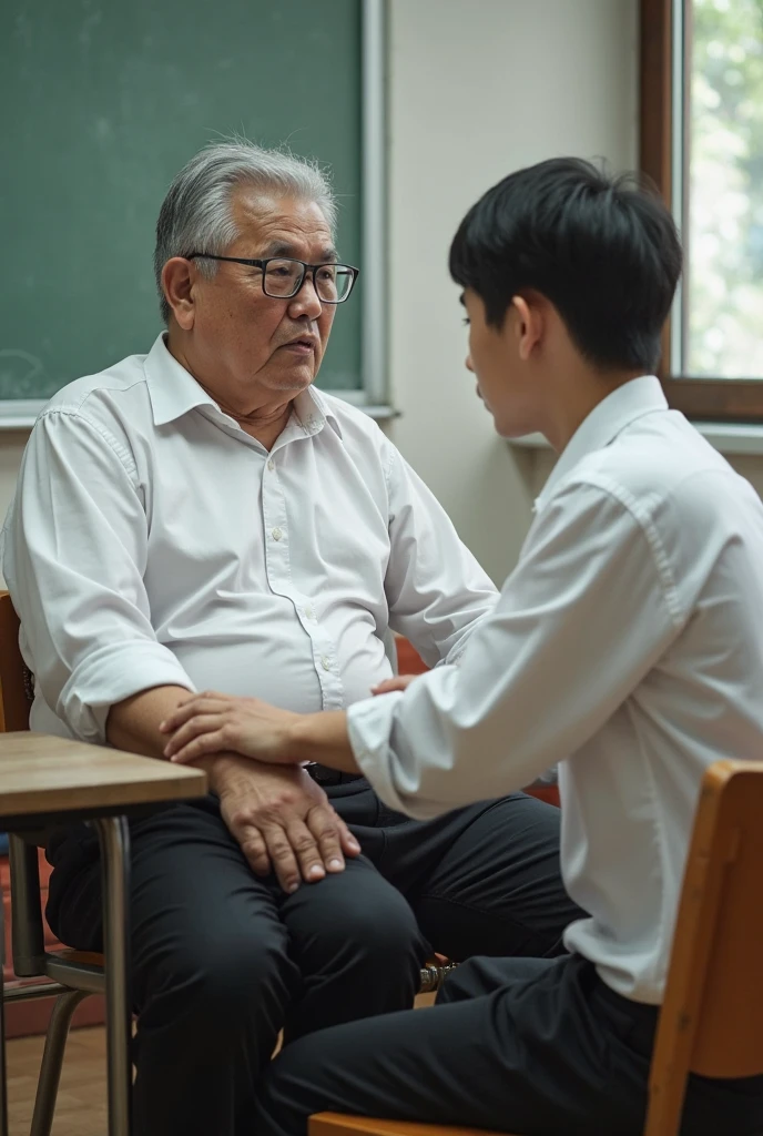 An old man and a boy, the man is 65 years old, ugly and fat, wearing a white shirt and black pants, a Korean boy, 20 years old, white skin and short black hair, perfect body proportions, wearing a shirt, open-necked shirt, showing off his body, firm abs and full chest, clean shaven, sexy clothes, the man touches the boy's breasts, male teacher and male student. The man lets the boy sit on his lap in a college classroom. Sexy boy. Ugly and fat old man. Teacher and student. Reality.
