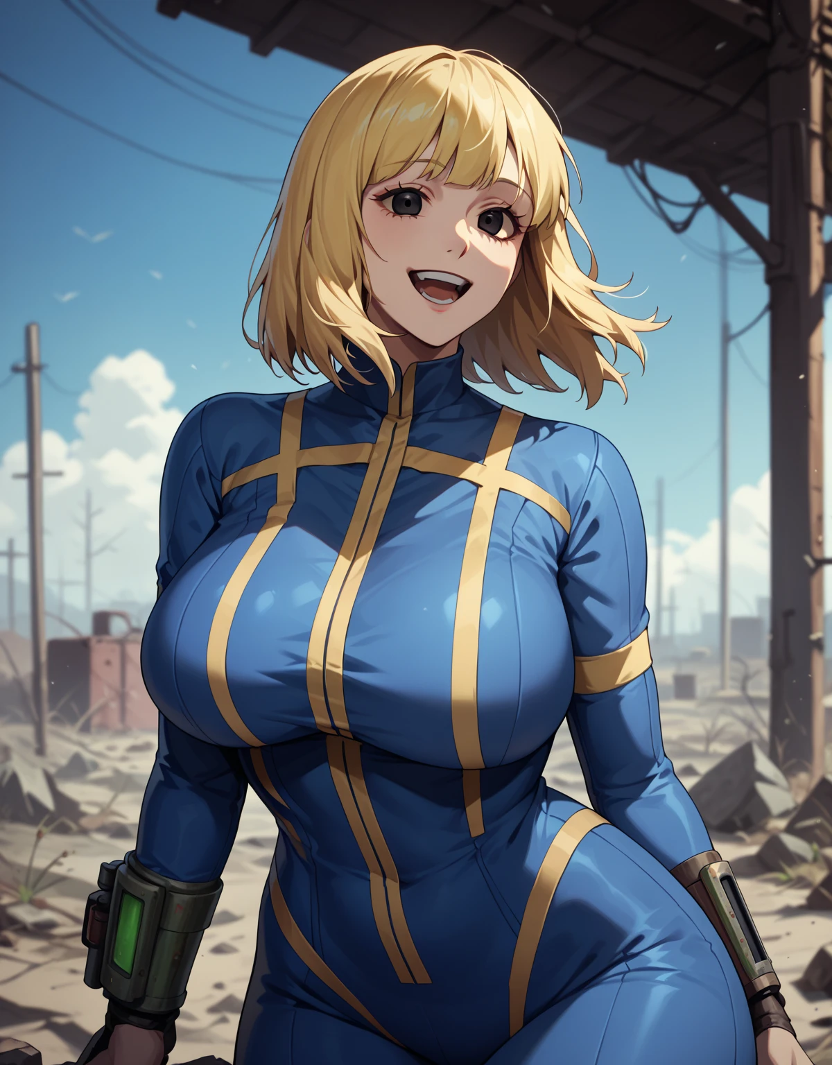 Anime, ((best quality)), ((masterpiece)), (detailed), 1girl, perfect face, happy face, smile, perfect hands, five finger, (Fallout: 1.8), (fallout vault costume: 1), portrait from the waist up, facing the camera, Crypt suit, perfect eyes, blue crypt suit, short blonde hair, slanted fringe, deep cleavage showing, giving thumbs up sign, suit unzipped to show off cleavage,
