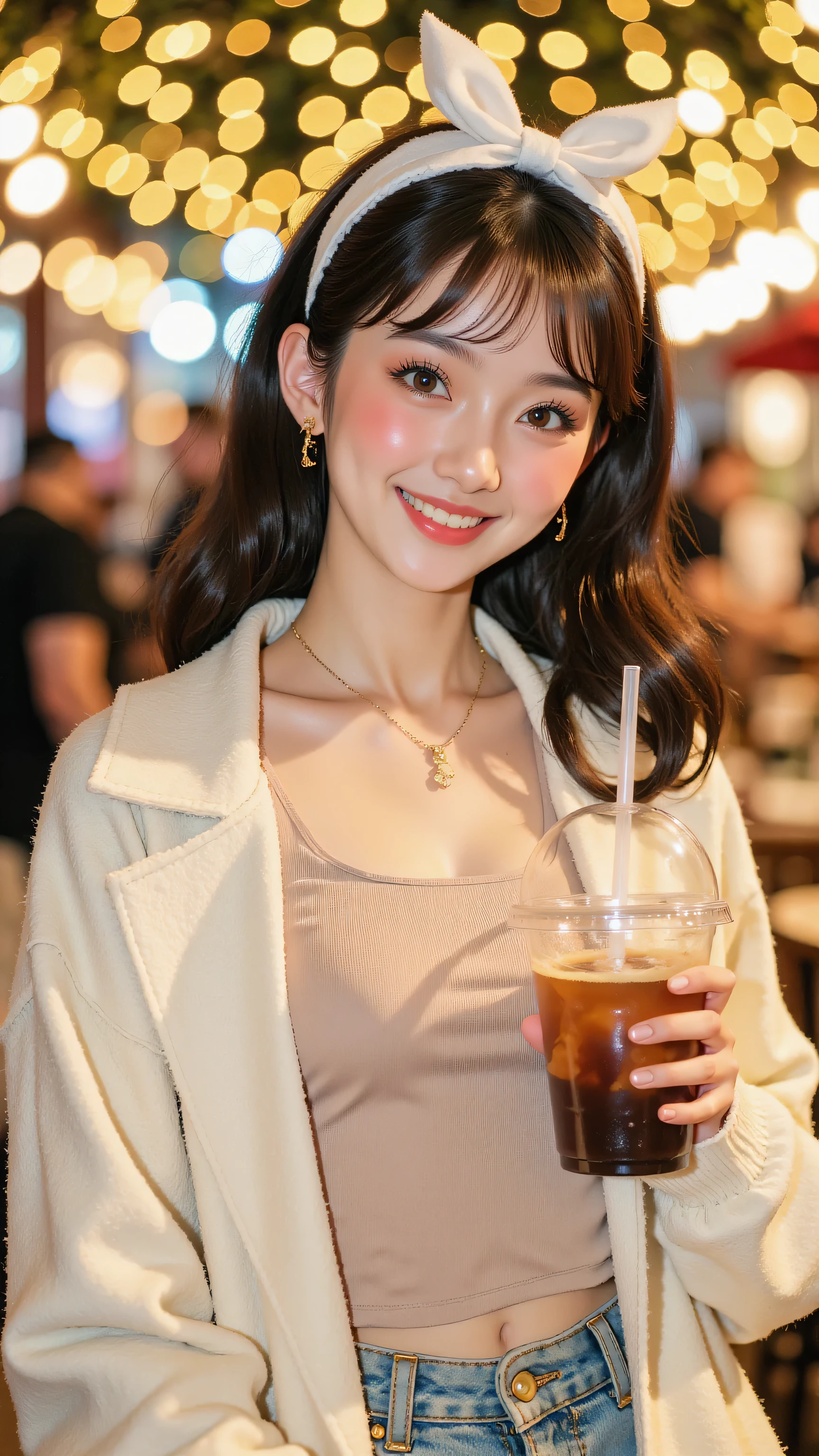 8k, Masterpiece, Top Quality, Medium shot, woman, dark hair, white bow, smiling, looking at camera, long white coat, light-colored top, necklace, holding drink, clear plastic cup, straw, standing, relaxed, soft warm lighting, bokeh lights, yellow bokeh, gold bokeh, festive.
