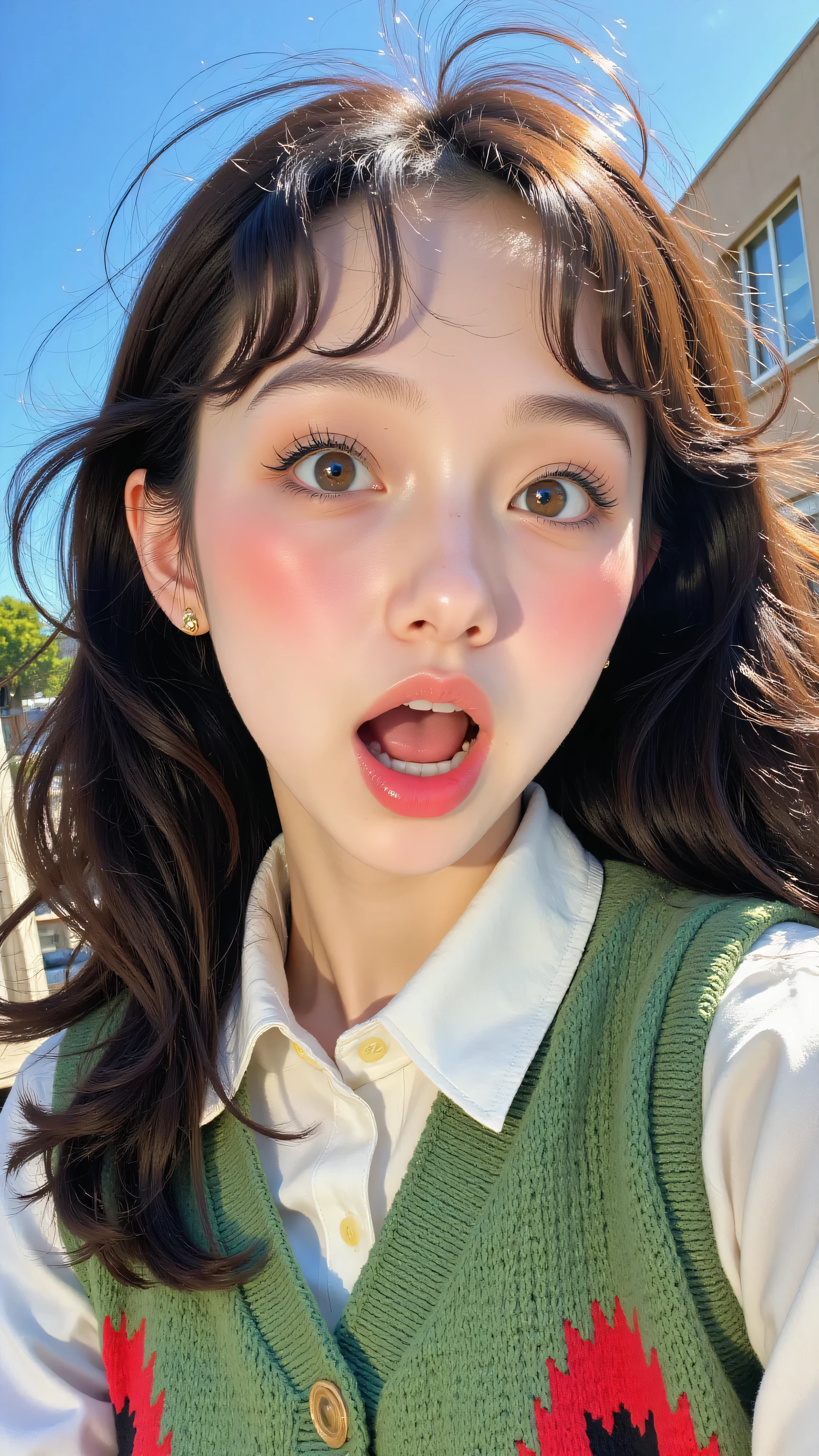8k, Masterpiece, Top Quality, Extreme close-up, low angle, selfie, woman, long messy wavy dark hair, fair skin, surprised expression, open mouth, looking at camera, white collared shirt, green knit vest, red pattern, black pattern, tilted head, bright natural light, clear blue sky, outdoor.