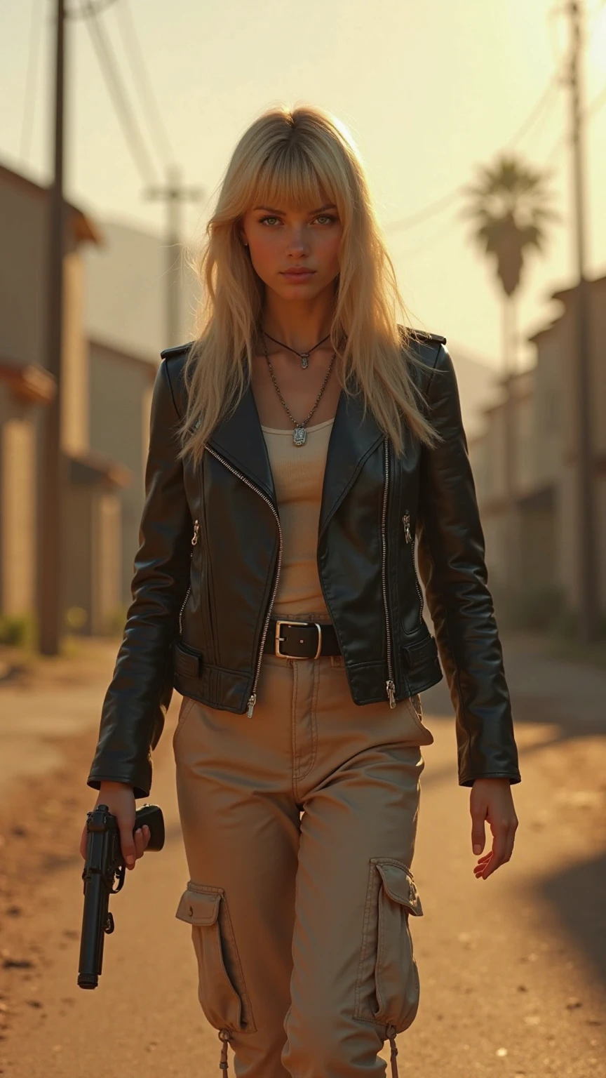 photo of J3w3ll_HM-130, a woman, perfect hair, (modern photo), wearing black jeans and motojacket, 135mm standard, (analog, cinematic, film grain:1.3), Volcanic Expanse, Planet with active volcanoes, lava, and smoking vents., detailed eyes, professional pose, (epiCPhoto), (looking at viewer:1.1), (cinematic shot:1.3), (natural style lighting), <lora:add_detail:0.5>