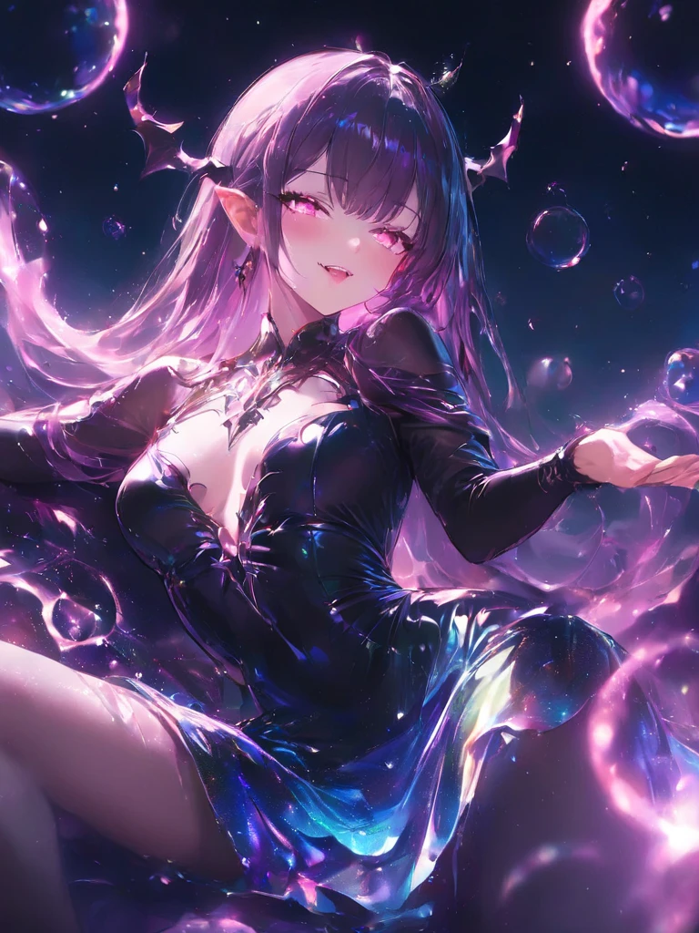 (masterpiece), best quality, expressive eyes, perfect face,1girl,raiden shogun,genshin impact,(glowing purple pupils),big breasts,cleavage,mermaid,(beautiful mermaid tail:1.3),beautiful tail fin,tail ornament,(strapless shell bikini),bare collar,(jewel necklace),lying on stomach,(purple scales),pointy ears,lightning bolts in the sky,bare shoulders,purple elbow gloves,bashful smile,underwater temple,night,dymanic angle,head tilt,glowing purple lightning background,full body,underwater