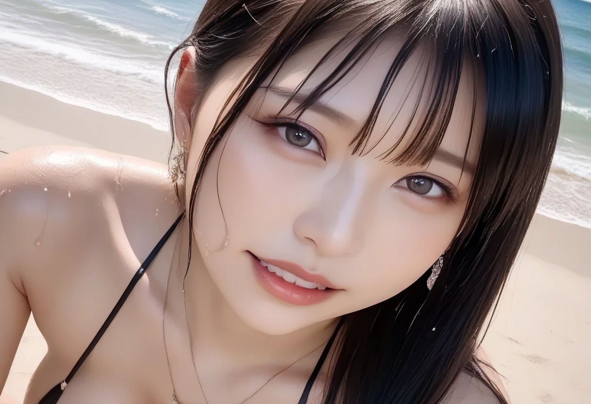 (from above, at beach, 1 girl, medium breasts, medium hair, micro bikini:1.5), fair-skinned, glossy lips, skinny, body type, delicate and sexy clavicle, highest quality, RAW photo, realistic, face, incredibly ridiculous beautiful girl, cute, Depth of bounds written, High resolution, ultra detail, detailed, Very detailed, extremely detailed eye and face, sharp pupils, sharp focus, cinematic lighting