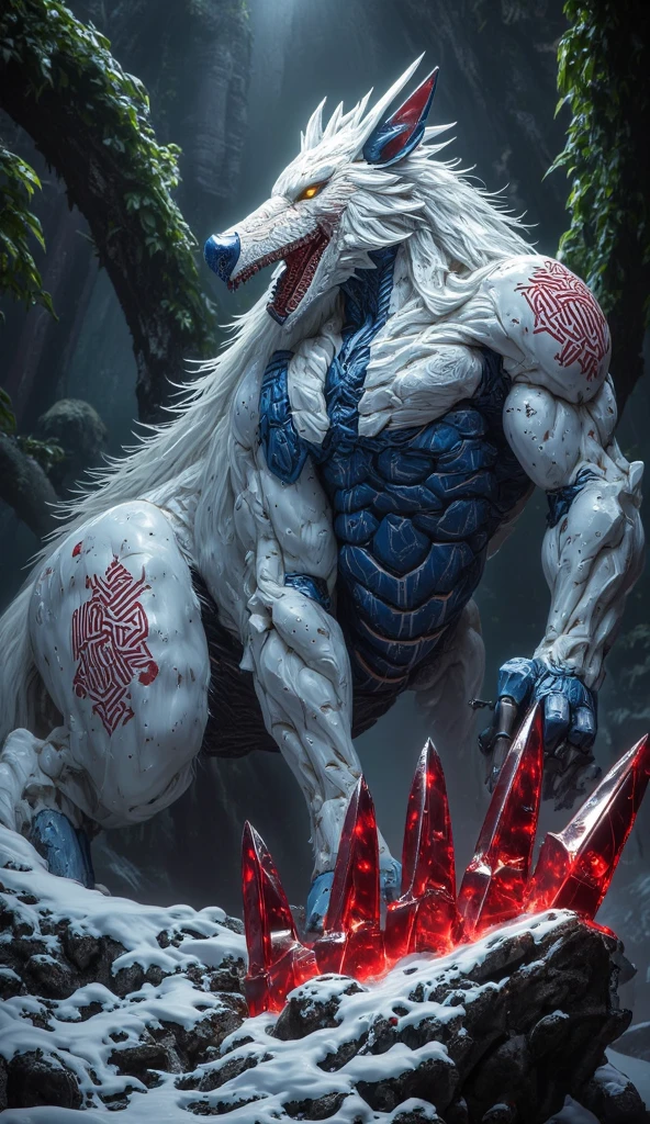 (full body), thedarkurge, dragonborn \(dnd\), white body, red eyes, male, muscular, loincloth, dark, tail, by lindong, by null-ghost, macro in city, destroying a modern city