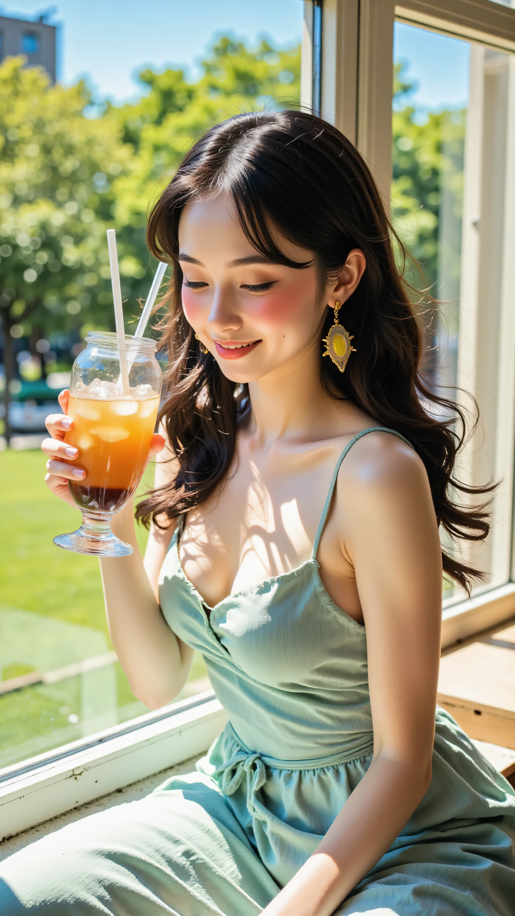 a stunningly realistic, high resolution 8K photo of a beautiful 30-year-old woman with medium long hair and a glamorous figure, dramatic lighting, masterpiece, best quality, photorealistic, ultra-detailed, HDR, physically-based rendering, studio lighting, vivid colors, bokeh, Kodak Vision Color, (wearing a chic summer dress, surrounded by colorful dishes and mimosas.), detailed eyes
