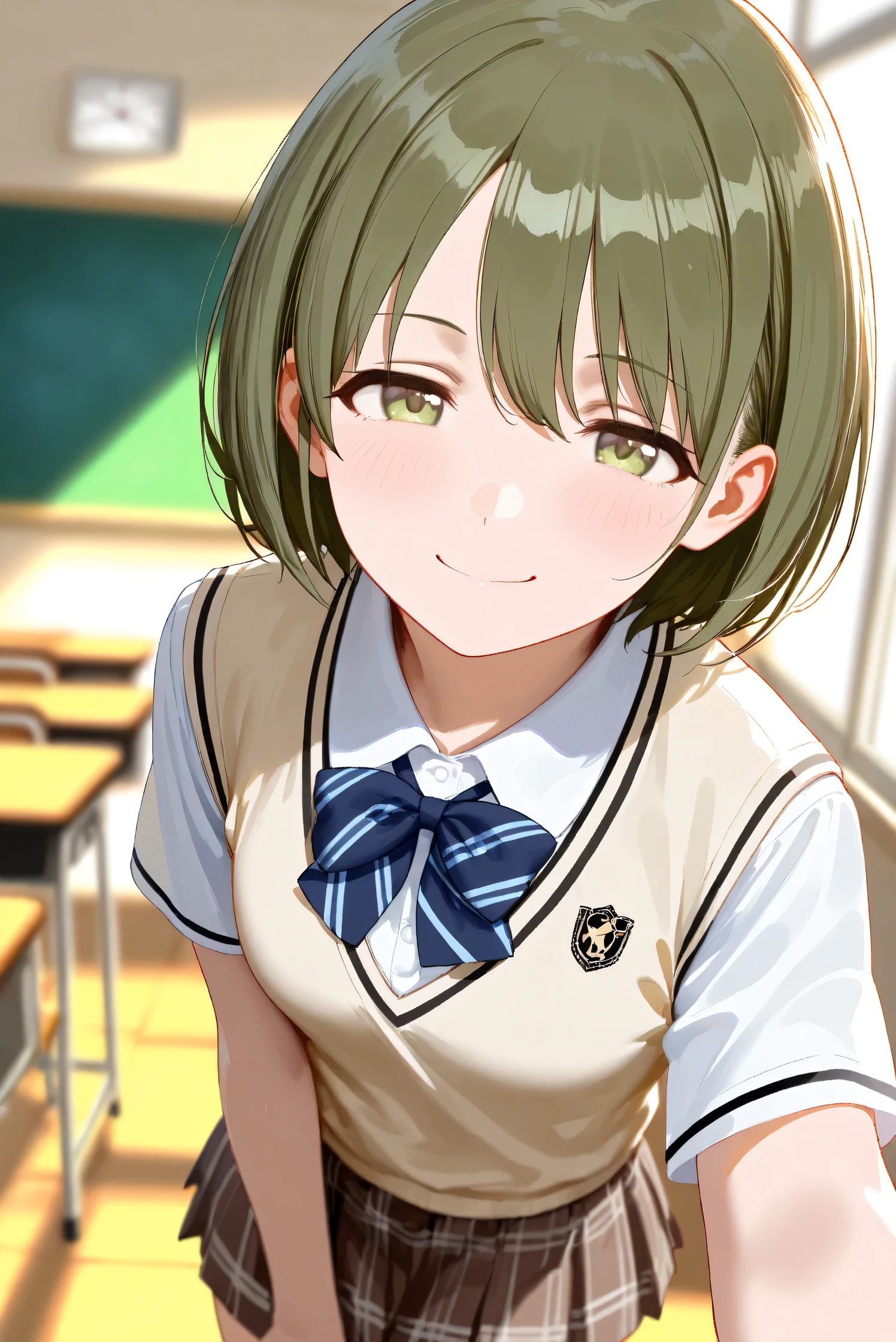 (Masterpiece), (Highest quality), (Very detailed),
(The best shape), (Best Shadow), (Absurd),
(Detailed background), (So beautiful), Shiny ,
Extraordinary, Countershading, 8k, 32K, High resolution, Beautiful eyes in every detail,
Very Detailed CG, UHD,
Score_9, Score_8_up, Score_7_up, Source_anime,
(Pastel painting:1.2), (Watercolor painting:1.2),
(Masterpiece, Detailed:1.2), (Foreshortening:1.2),
Cinematic, Dramatic, (Depth of field:1.4),
(Blurry background:1.4), (Realistic background:1.4),
(Foreshortening:1.3),Dynamic angle, 1 girl,
Japan, classroom, Window,
Nanakusa nichika,
The idolmaster shiny colors,
green eyes,
(school uniform:1.3),
Short-sleeved shirt with collar,
ribbon,
School vest, Beige vest,
miniskirt, brown skirt,
Focus on face, portrait,
(Blush:1.3), evil smile, naughty face,
Realistic skin, Shiny skin,