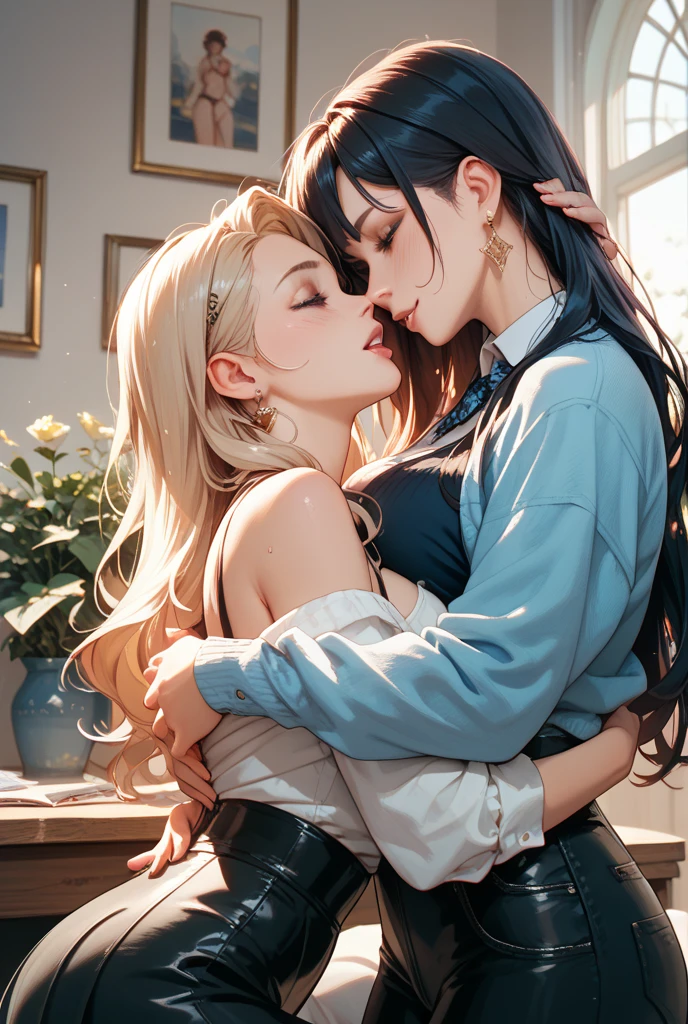 (((best quality))),masterpiece,ultra high resolution,(ultra high definition),(movie quality:1.3),(movie lighting),(low light environment:1.4),Female love couple at night(((Under the Milky Way)))Suburban women kissing, (SFW) Work, kissing together cutely, (((Girl Love Art))), OPPEIN, Side milk, Slightly saggy big breasts, small breasts, (((Very long wavy blonde hair))), (((Straight brown hair with side bangs))), (girl love kiss), The mouth is very detailed,  (girl love hug), touch her hand, touch her clothes, touch her breasts, (((Hands touching her breasts))), sit on lap, Long hair fluttering in the wind, SFW version