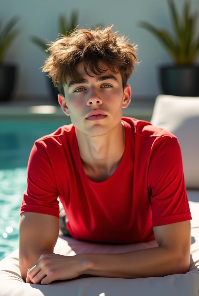 a beautiful man in a pool, detailed face and eyes, long eyelashes, golden hair, sunlight, warm atmosphere, highly detailed, photorealistic, 8k, masterpiece, intricate details, vibrant colors, natural lighting, cinematic composition, dreamy mood, ethereal quality