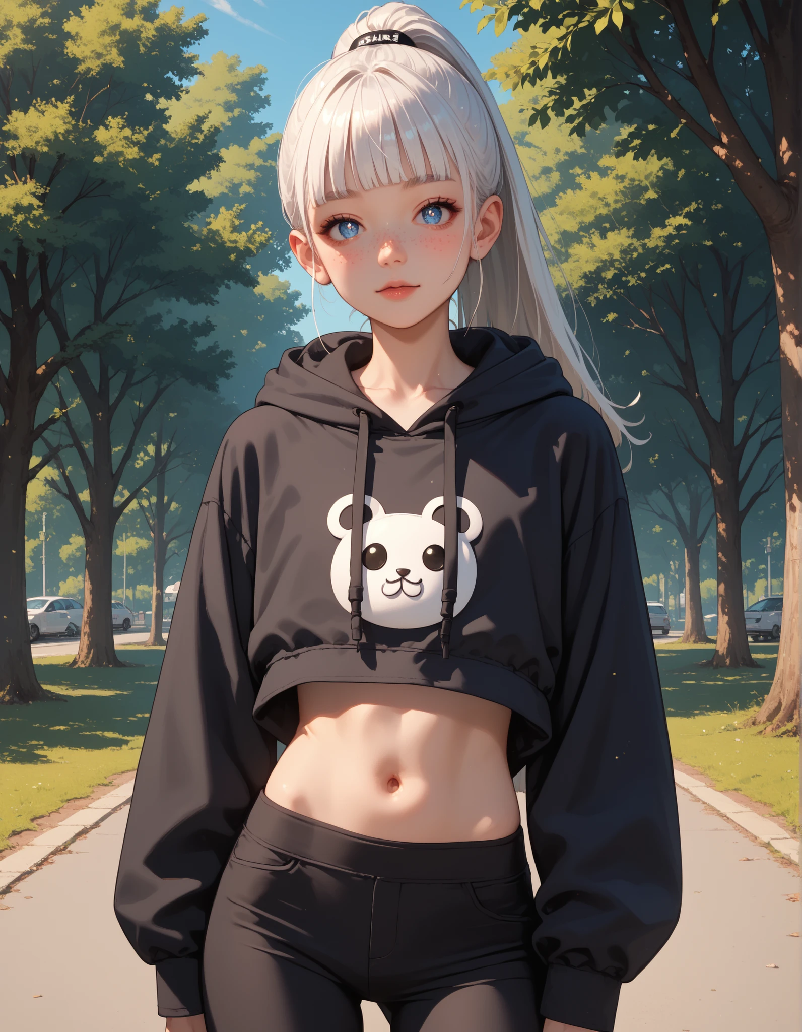 Score_9, score_8_up, score_7_up, score_6_up, source_anime, rating:general, 1girl, older woman, late twenties, white hair, high ponytail, blunt bangs, stunning blue eyes, big soft eyes , freckles, perfect face, pale white skin, flat chest, hoodie, high waisted leggings , slender build, long slender legs, cute belly button, stood in sunny park, trees, sunshine, sunny 8k quality, vivid colours, masterpiece