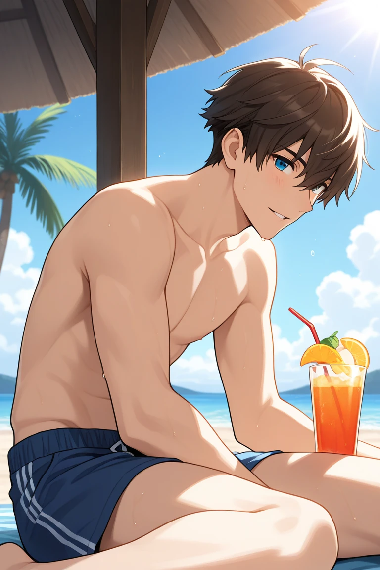 Men only, alone, Beach, Sitting, Folding chair, Parasol, water, Afternoon Light, Blonde, blue eyes, casual, clothing, Nipples, Small breasts, 赤いwater着, Red shorts, topless