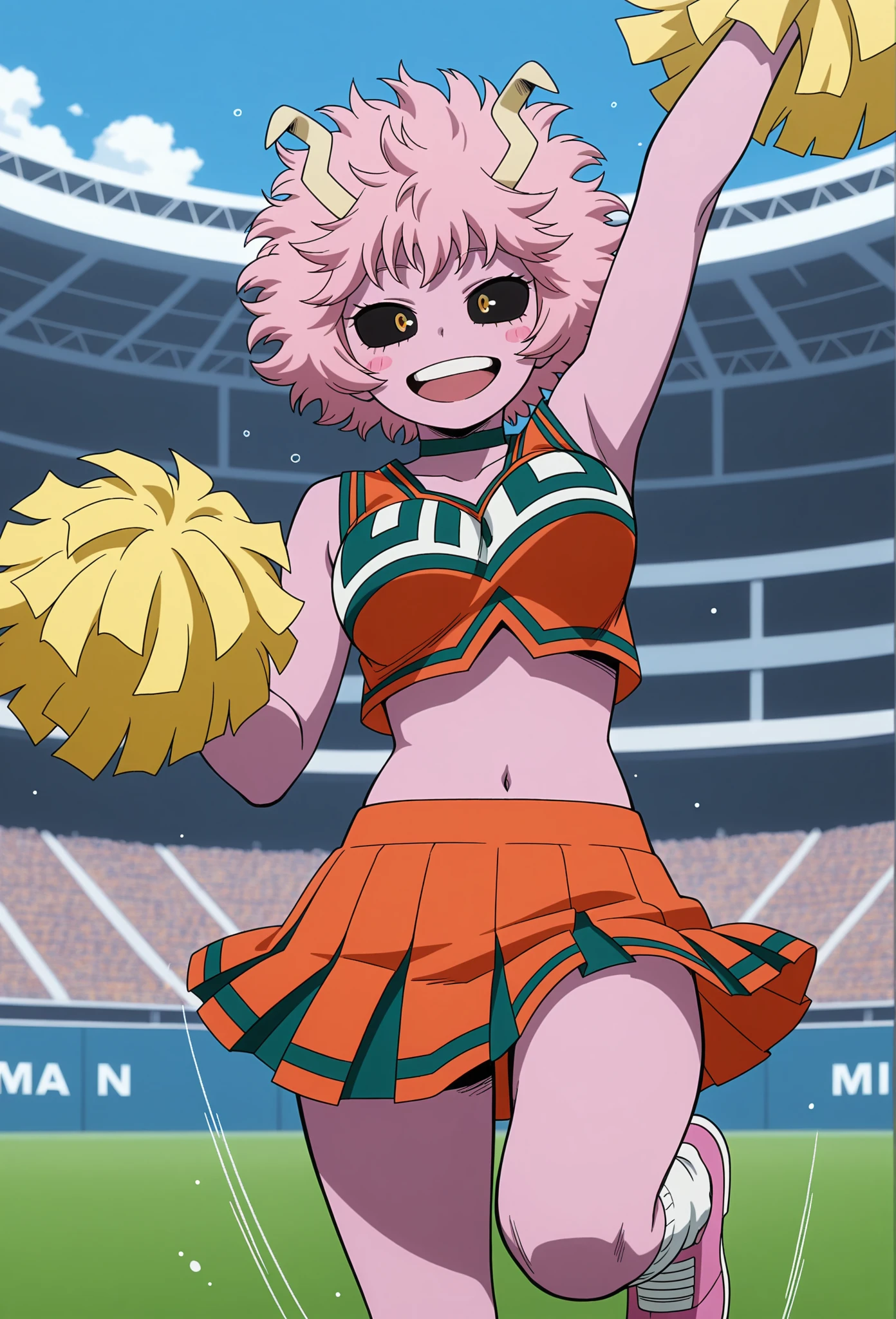 mina ashido, 1girl, solo, looking at viewer, short hair, simple background, yellow eyes, pink hair, horns, colored skin, colored sclera, black sclera, pink skin, U.A. CheerUniform, orange skirt, cheerleader, perfect shading, bare shoulders, big breasts